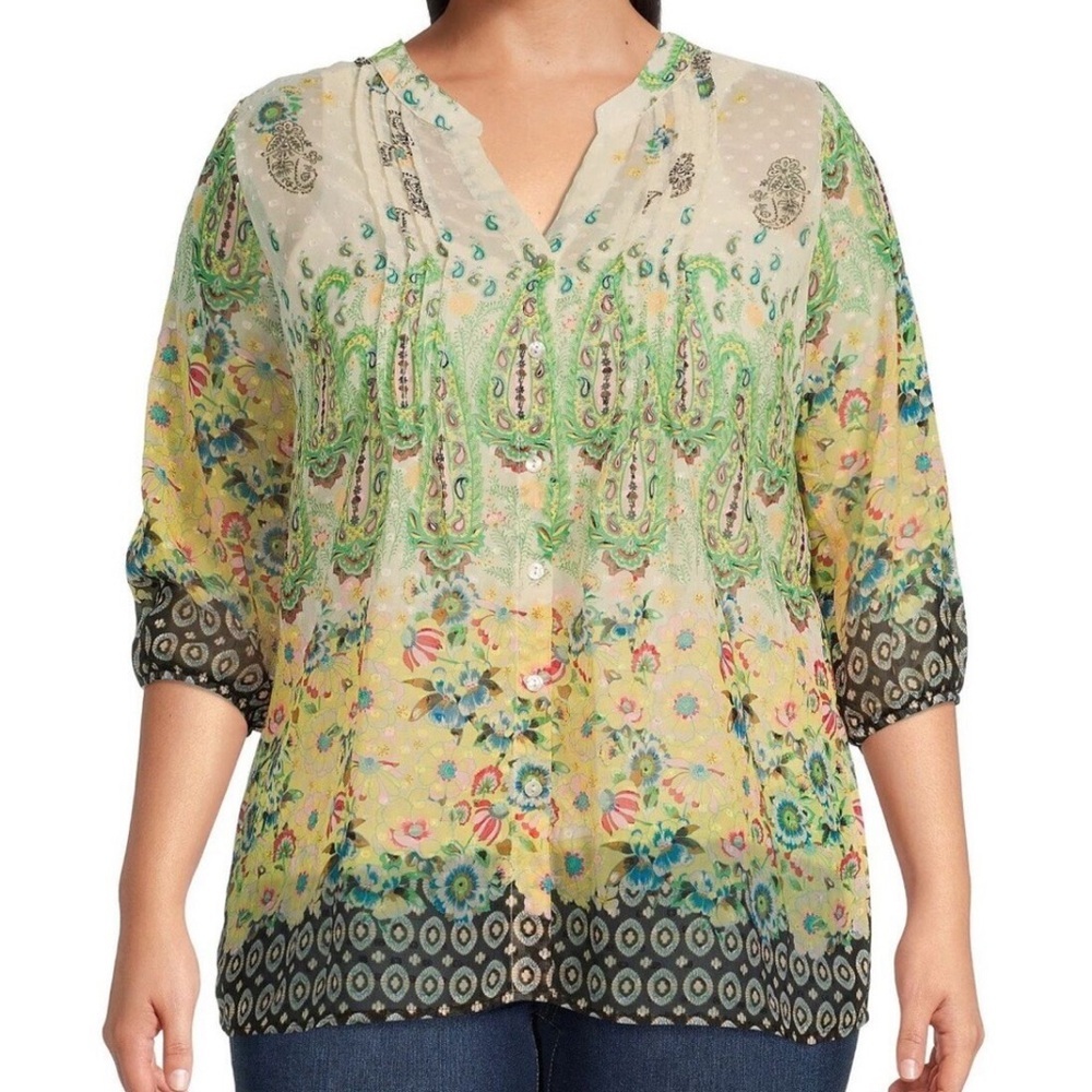Fig and Flower Paisley Chiffom Pleated Top Small Petite EUC Floral Boho Sheer - Picture 1 of 8